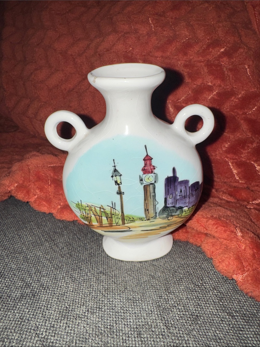 Vintage Victoria Ceramics Japan Mini Double-Handled Vase Hand-Painted London Sce